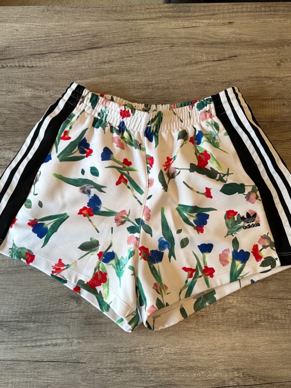 adidas White Floral Print Running Shorts with Black Stripes